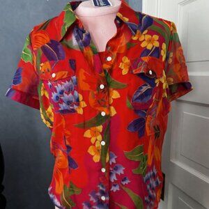 Spenser Jeremy Sheer Floral Tropicial Blouse with Red Tank Top Size L 100% Silk
